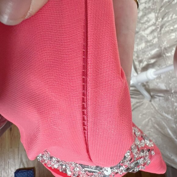 Coral Chiffon Asymmetrical One Shoulder Rhinestone Gown Prom Dress Size 6 - Picture 7 of 7